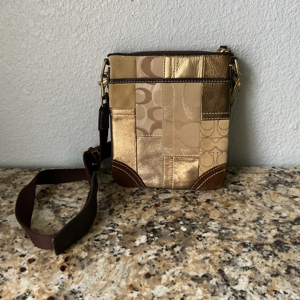 Coach Patchwork Metallic Gold and Brown Crossbody Bag